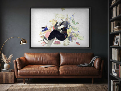 Final Fantasy VII Tranquility Amano as a black floater framed canvas in a media room