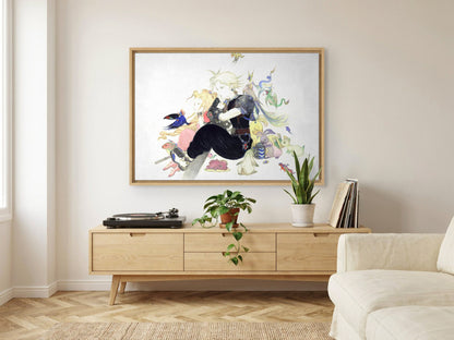 Final Fantasy VII Tranquility Amano as an oak floater framed canvas in a Scandinavian lounge