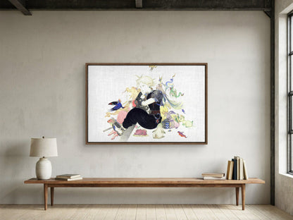 Final Fantasy VII Tranquility Amano as a walnut floater framed canvas in a loft