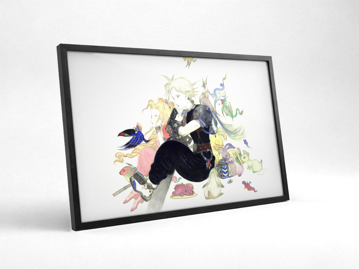 Final Fantasy VII Tranquility Amano poster in a black frame with glass leaning against a wall