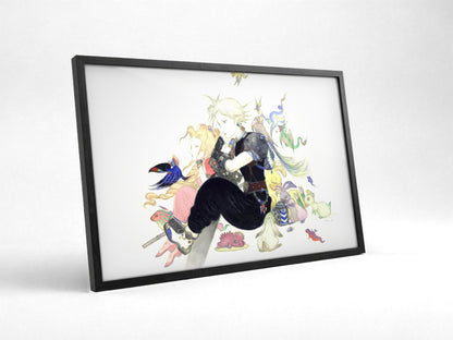Final Fantasy VII Tranquility Amano poster in a black frame with glass leaning against a wall