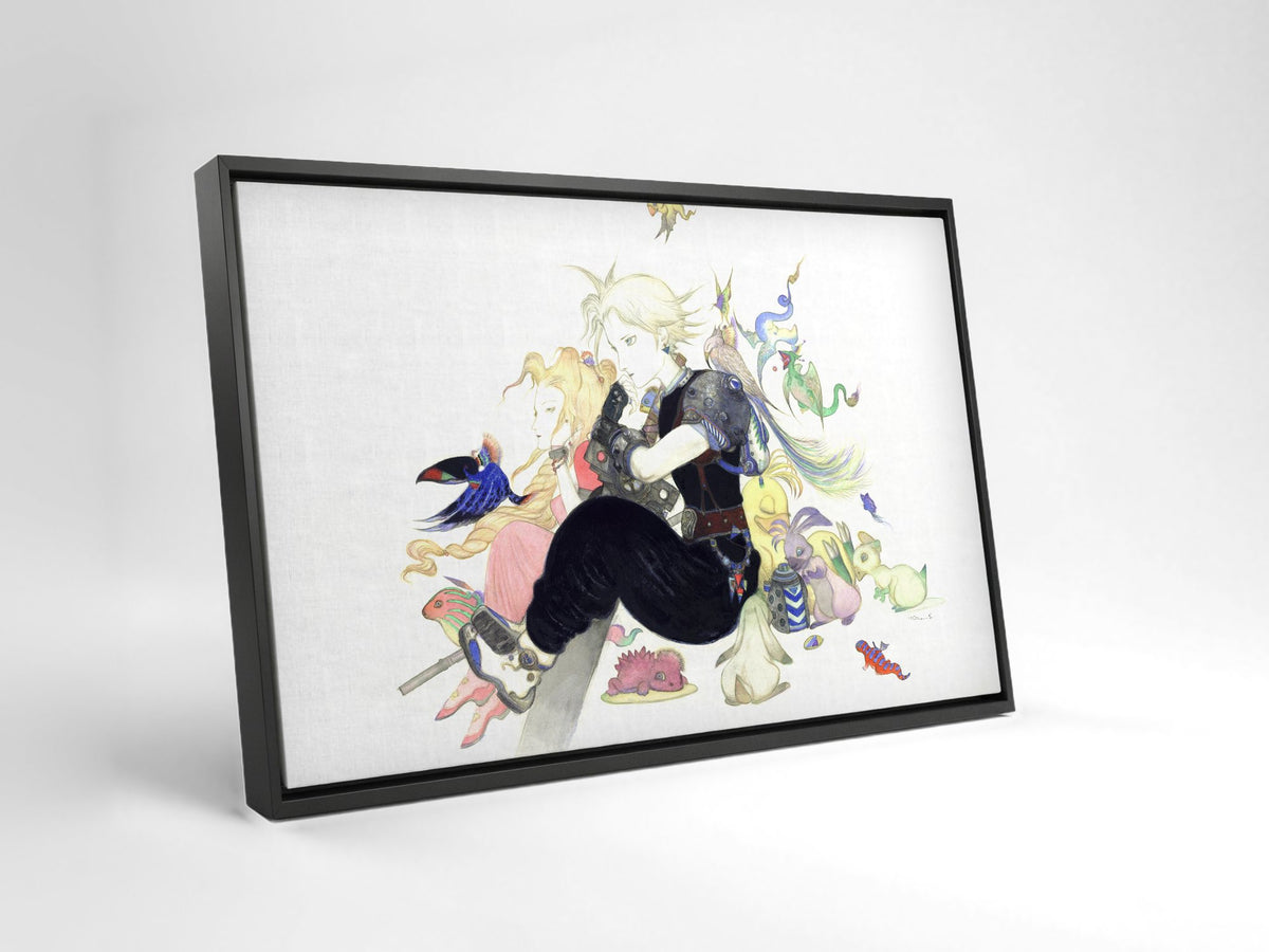Final Fantasy VII Tranquility Amano as a black floater framed canvas leaning against a wall