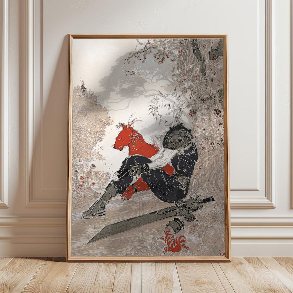 Final Fantasy VII Waiting Amano poster in a light oak frame leaning against a white wall