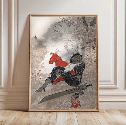 Final Fantasy VII Waiting Amano poster in a light oak frame leaning against a white wall