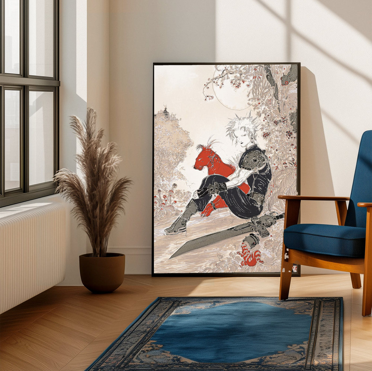 Final Fantasy VII Waiting Amano poster framed beside a blue armchair in a sunlit room