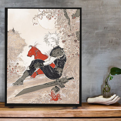 Final Fantasy VII Waiting Amano poster in a black frame on a wooden shelf against concrete