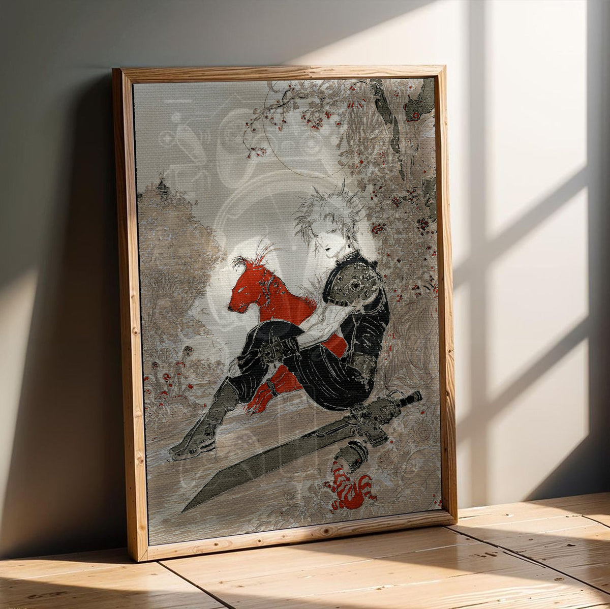 Final Fantasy VII Waiting Amano poster in an oak frame leaning on a wooden floor