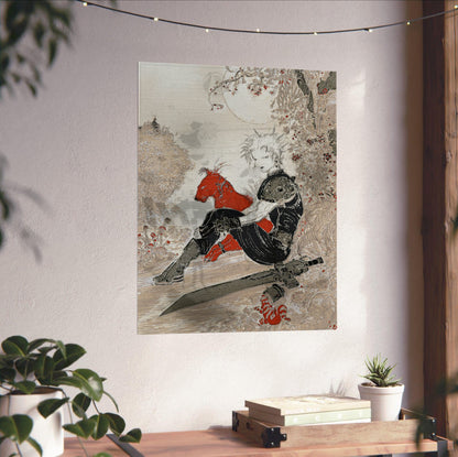 Final Fantasy VII Waiting Amano poster unframed on a white wall above a desk