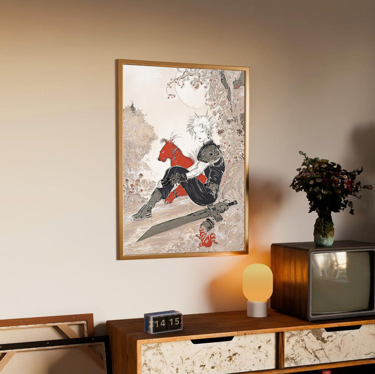 Final Fantasy VII Waiting Amano poster in an oak frame above a sideboard