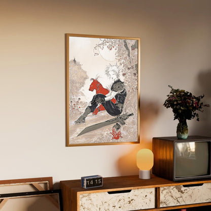 Final Fantasy VII Waiting Amano poster in an oak frame above a sideboard