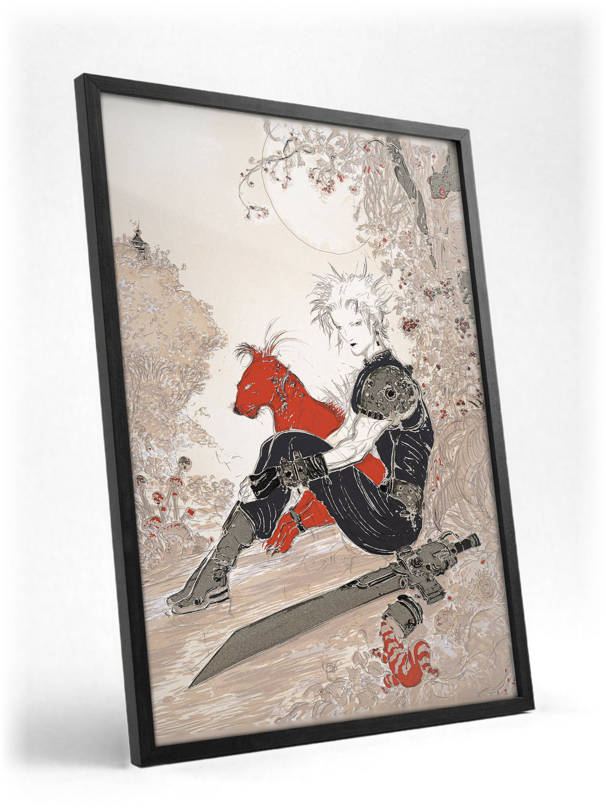 Final Fantasy VII Waiting Amano poster in a black frame with glass leaning against a wall