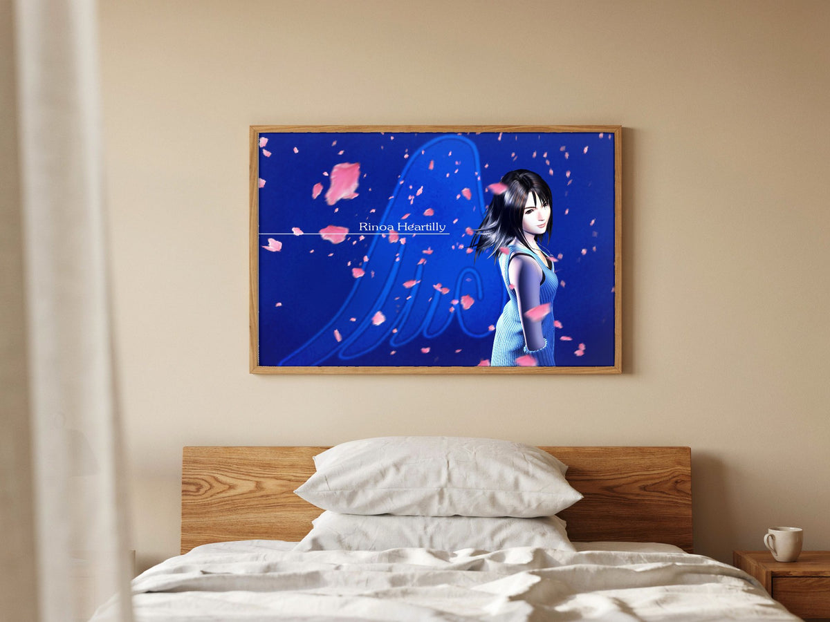 Final Fantasy VIII Rinoa Heartilly Promo Art poster in a natural oak frame above a bed