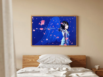 Final Fantasy VIII Rinoa Heartilly Promo Art poster in a natural oak frame above a bed