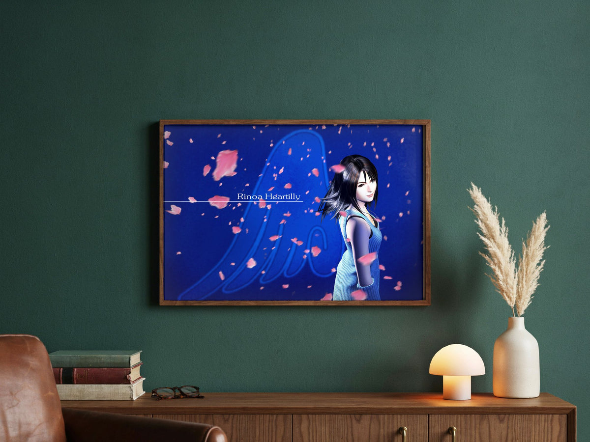 Final Fantasy VIII Rinoa Heartilly Promo Art poster in a dark walnut frame in a green study