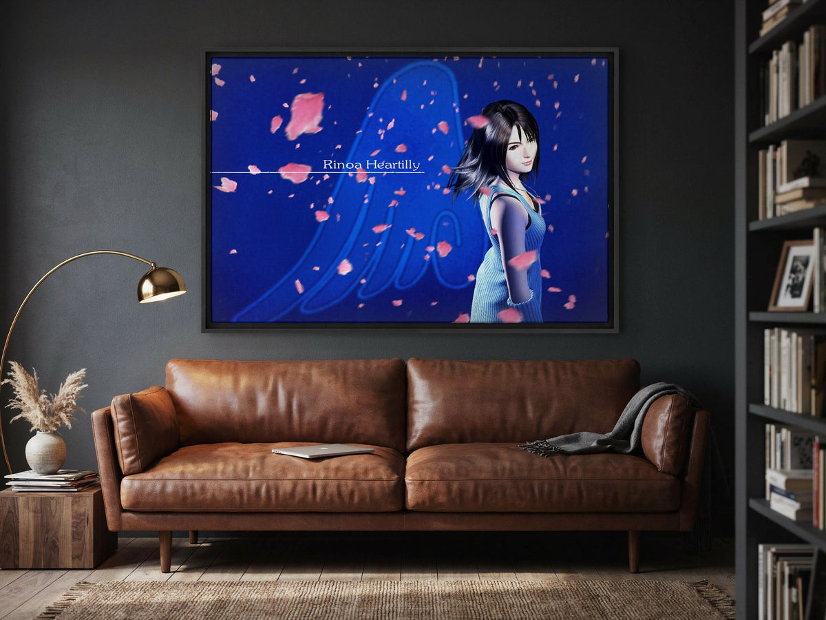 Final Fantasy VIII Rinoa Heartilly Promo Art as a black floater framed canvas in a media room