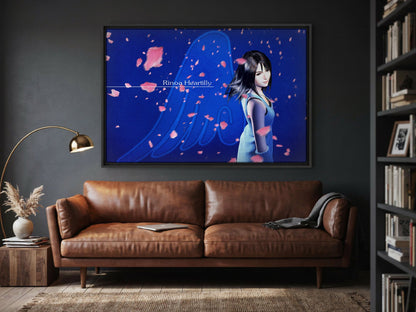 Final Fantasy VIII Rinoa Heartilly Promo Art as a black floater framed canvas in a media room