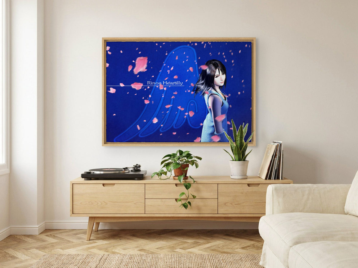Final Fantasy VIII Rinoa Heartilly Promo Art as an oak floater framed canvas in a Scandinavian lounge