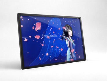 Final Fantasy VIII Rinoa Heartilly Promo Art poster in a black frame with glass leaning against a wall