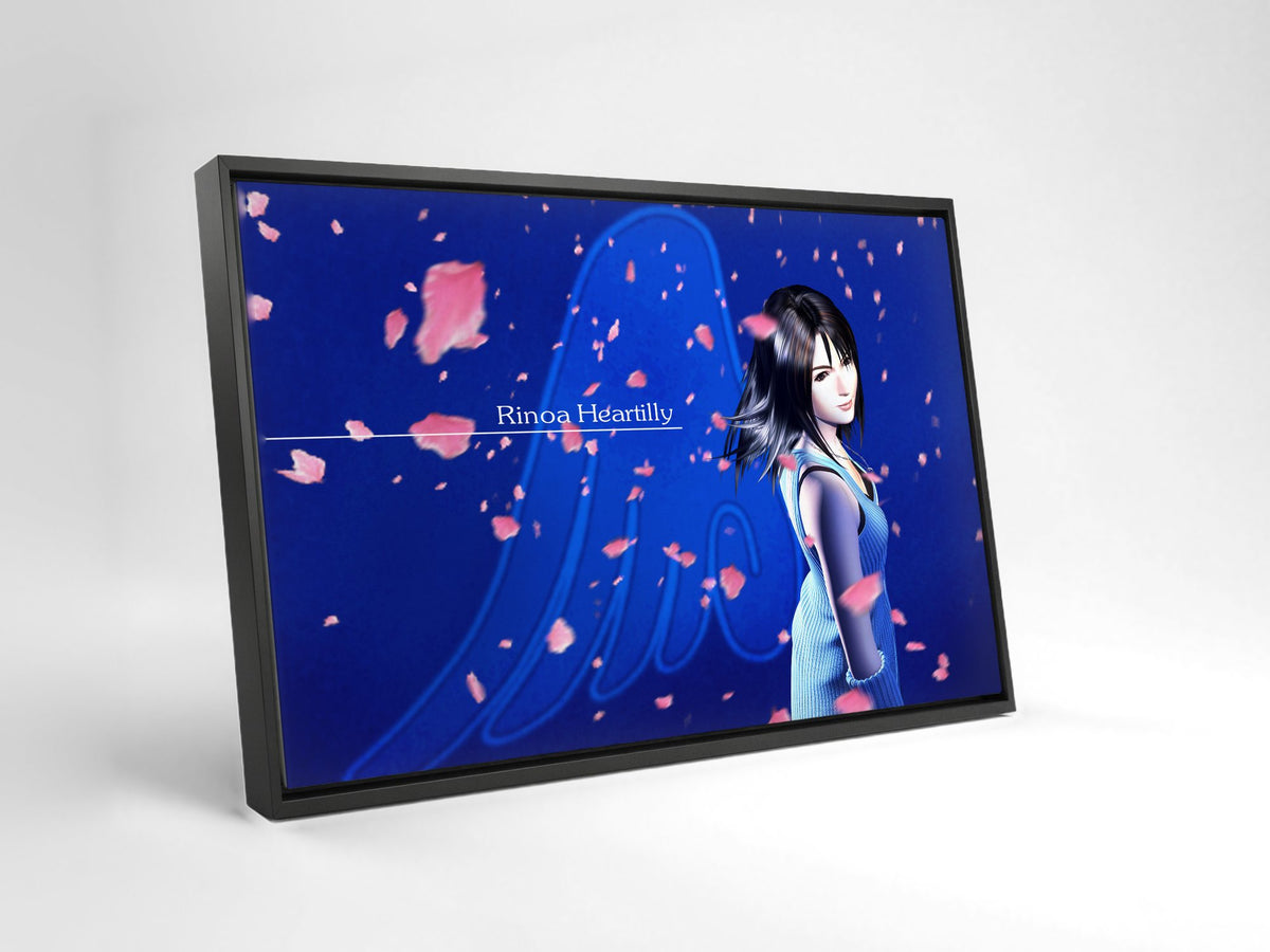 Final Fantasy VIII Rinoa Heartilly Promo Art as a black floater framed canvas leaning against a wall