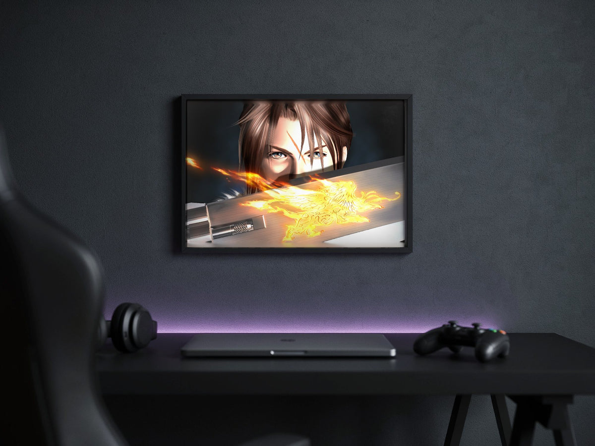 Final Fantasy VIII Squall and Gunblade poster in a black frame above a gaming desk