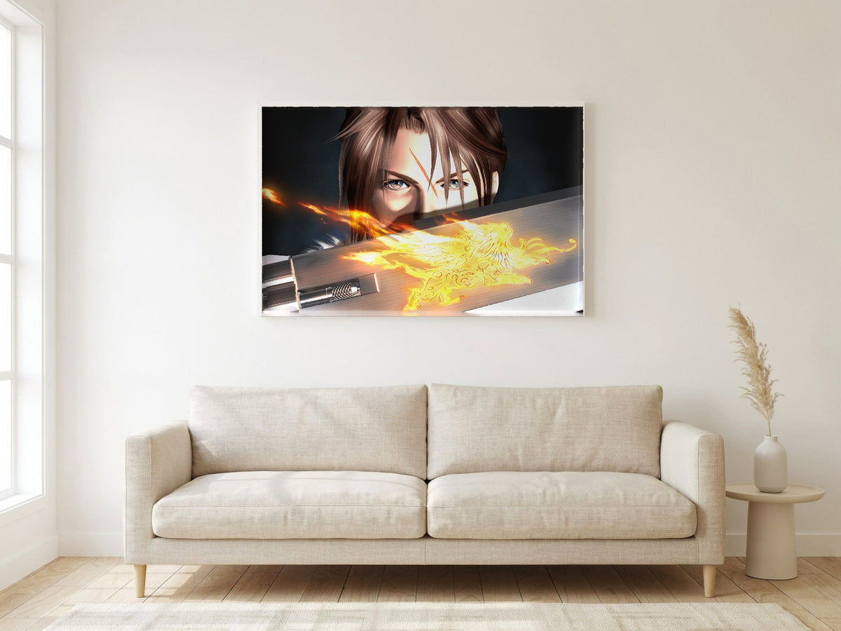Final Fantasy VIII Squall and Gunblade poster in a white frame in a living room