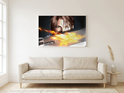 Final Fantasy VIII Squall and Gunblade poster in a white frame in a living room