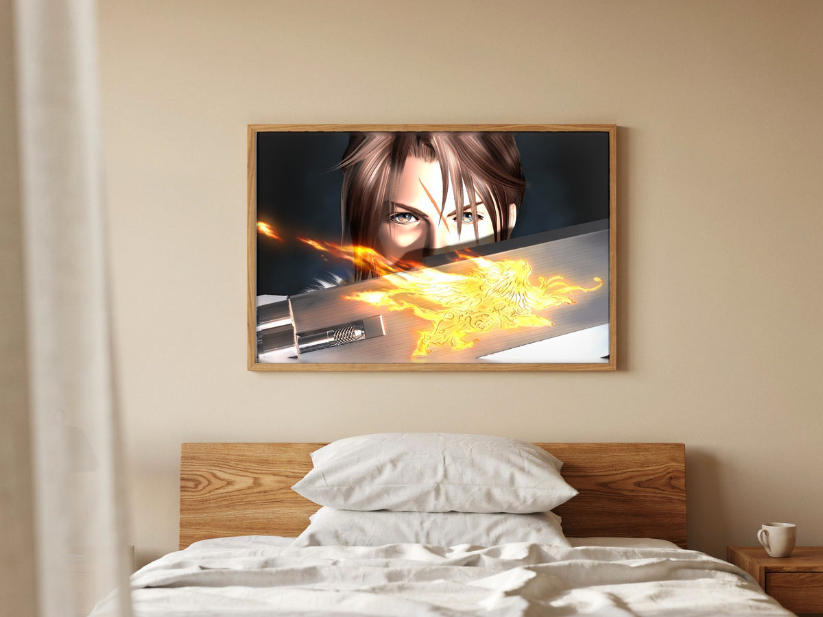 Final Fantasy VIII Squall and Gunblade poster in a natural oak frame above a bed