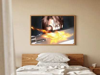 Final Fantasy VIII Squall and Gunblade poster in a natural oak frame above a bed