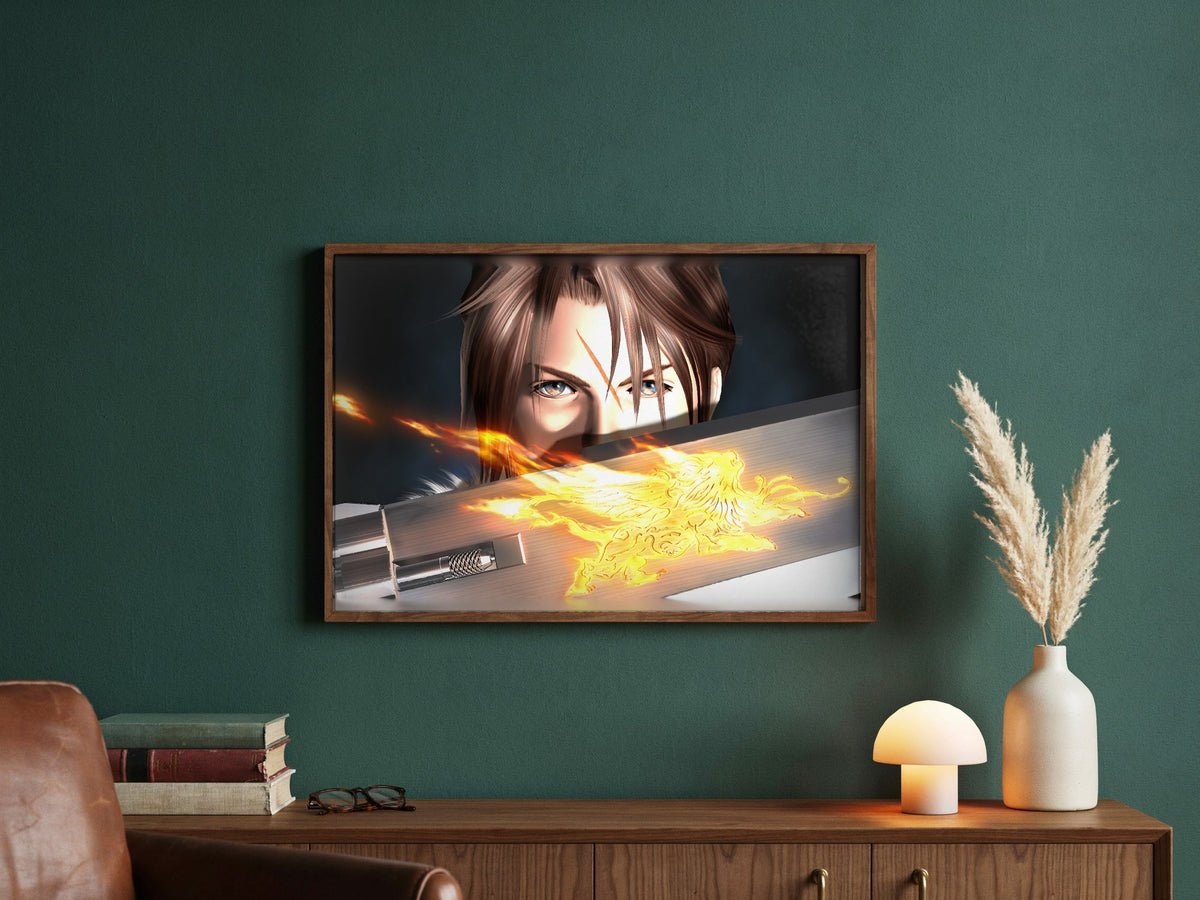 Final Fantasy VIII Squall and Gunblade poster in a dark walnut frame in a green study