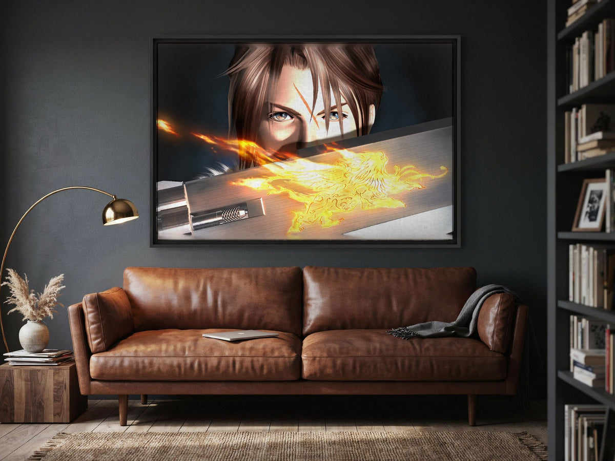 Final Fantasy VIII Squall and Gunblade as a black floater framed canvas in a media room