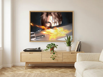 Final Fantasy VIII Squall and Gunblade as an oak floater framed canvas in a Scandinavian lounge