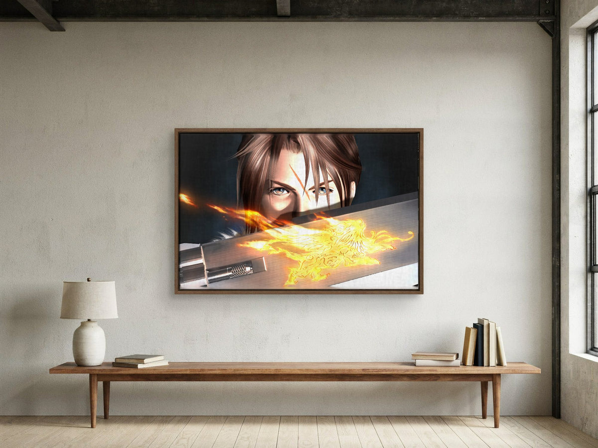 Final Fantasy VIII Squall and Gunblade as a walnut floater framed canvas in a loft