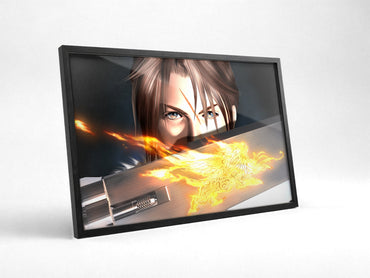 Final Fantasy VIII Squall and Gunblade poster in a black frame with glass leaning against a wall