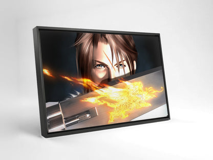 Final Fantasy VIII Squall and Gunblade as a black floater framed canvas leaning against a wall