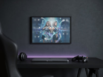 Final Fantasy X-2 Lenne and Yuna poster in a black frame above a gaming desk (horizontal)