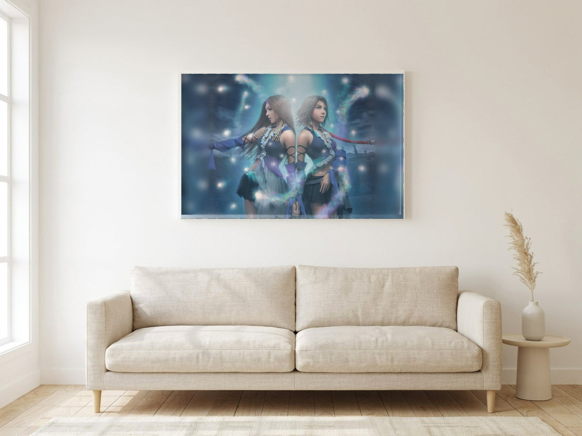 Final Fantasy X-2 Lenne and Yuna poster in a white frame in a living room (horizontal)