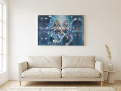 Final Fantasy X-2 Lenne and Yuna poster in a white frame in a living room (horizontal)