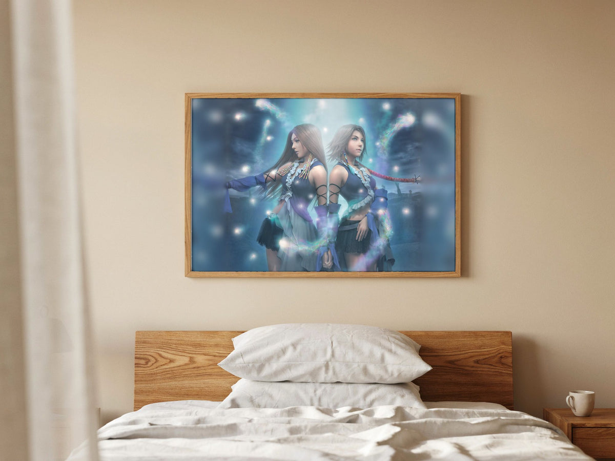 Final Fantasy X-2 Lenne and Yuna poster in a natural oak frame above a bed (horizontal)