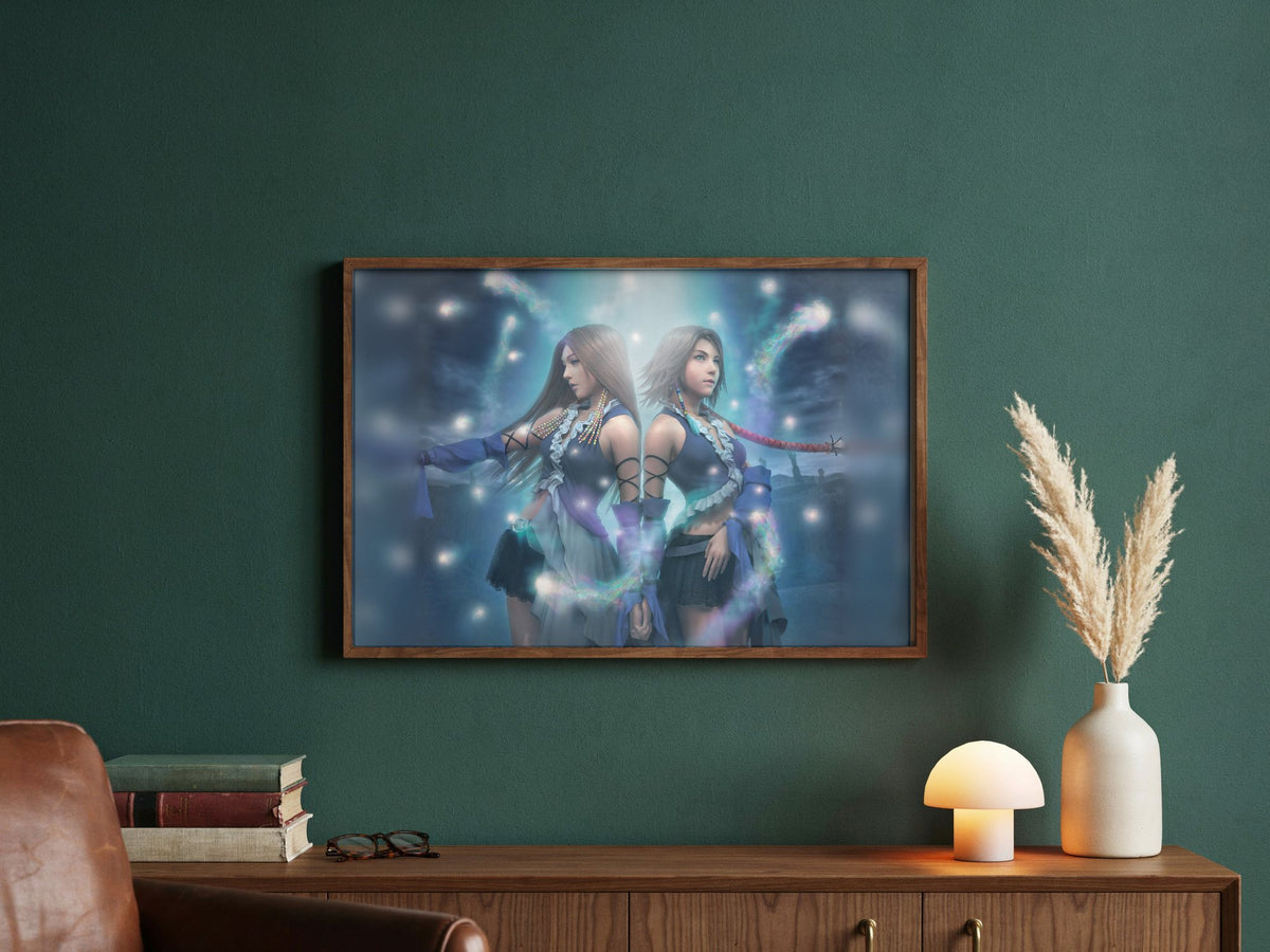 Final Fantasy X-2 Lenne and Yuna poster in a dark walnut frame in a green study (horizontal)