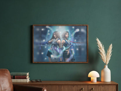 Final Fantasy X-2 Lenne and Yuna poster in a dark walnut frame in a green study (horizontal)
