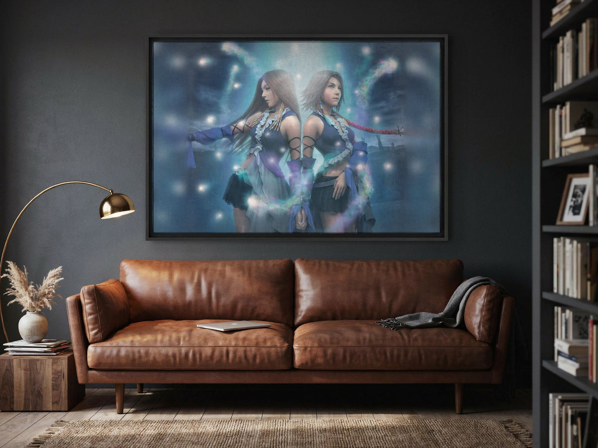 Final Fantasy X-2 Lenne and Yuna as a black floater framed canvas in a media room (horizontal)