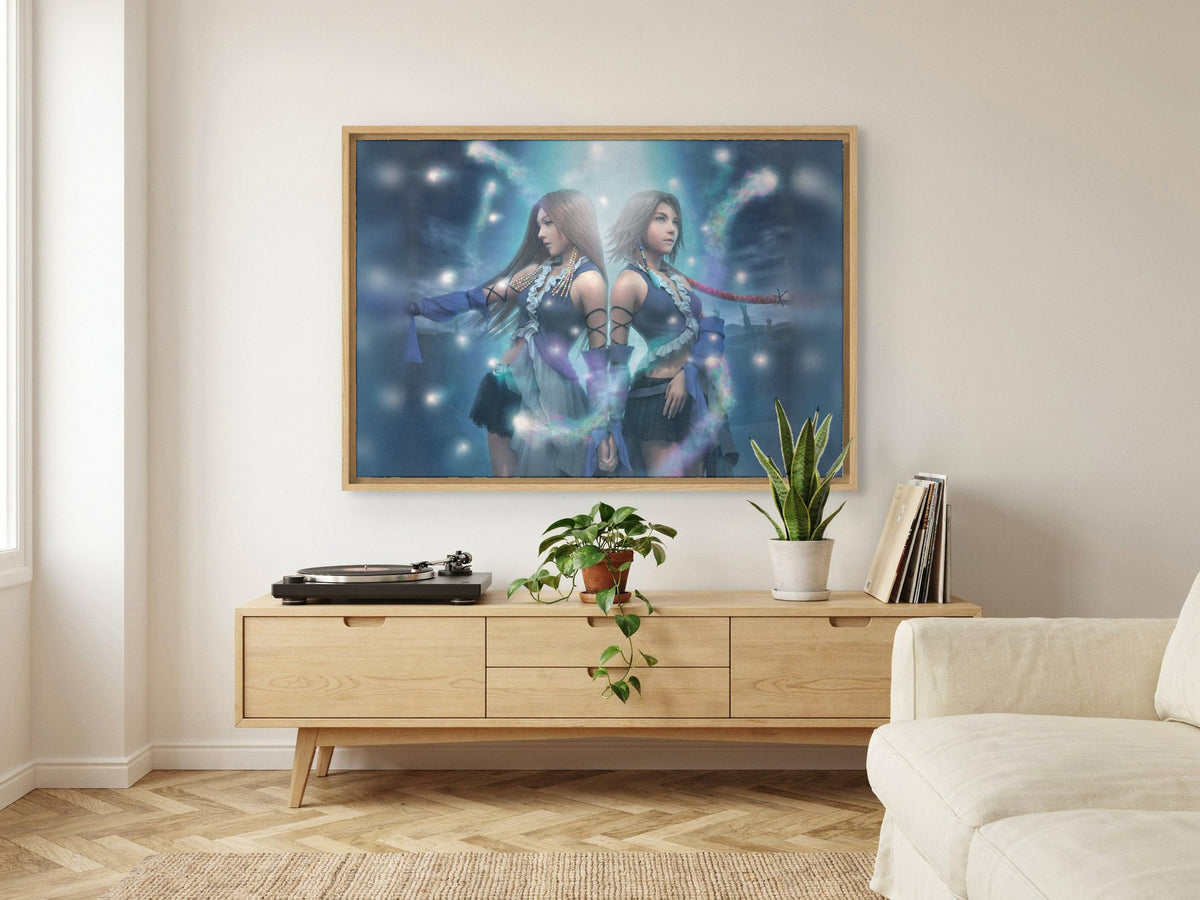 Final Fantasy X-2 Lenne and Yuna as an oak floater framed canvas in a Scandinavian lounge (horizontal)