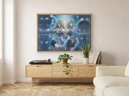 Final Fantasy X-2 Lenne and Yuna as an oak floater framed canvas in a Scandinavian lounge (horizontal)
