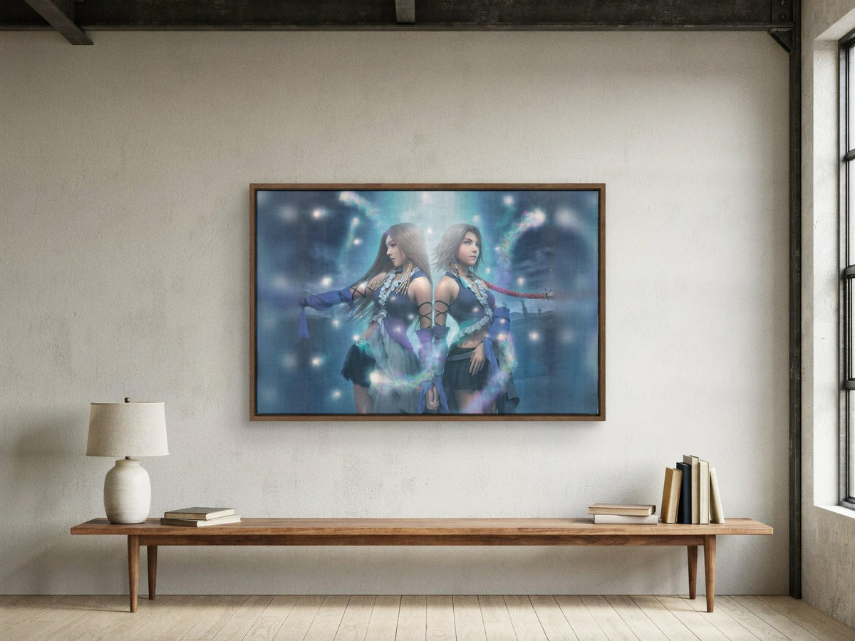 Final Fantasy X-2 Lenne and Yuna as a walnut floater framed canvas in a loft (horizontal)