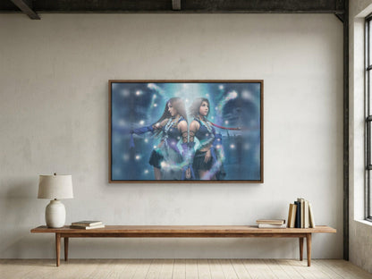 Final Fantasy X-2 Lenne and Yuna as a walnut floater framed canvas in a loft (horizontal)