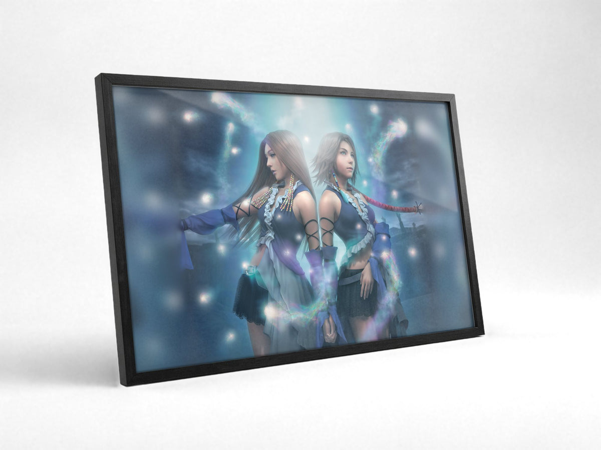 Final Fantasy X-2 Lenne and Yuna poster in a black frame with glass leaning against a wall (horizontal)