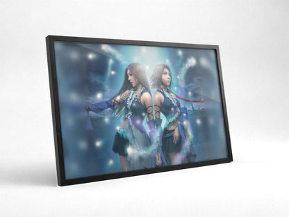 Final Fantasy X-2 Lenne and Yuna poster in a black frame with glass leaning against a wall (horizontal)