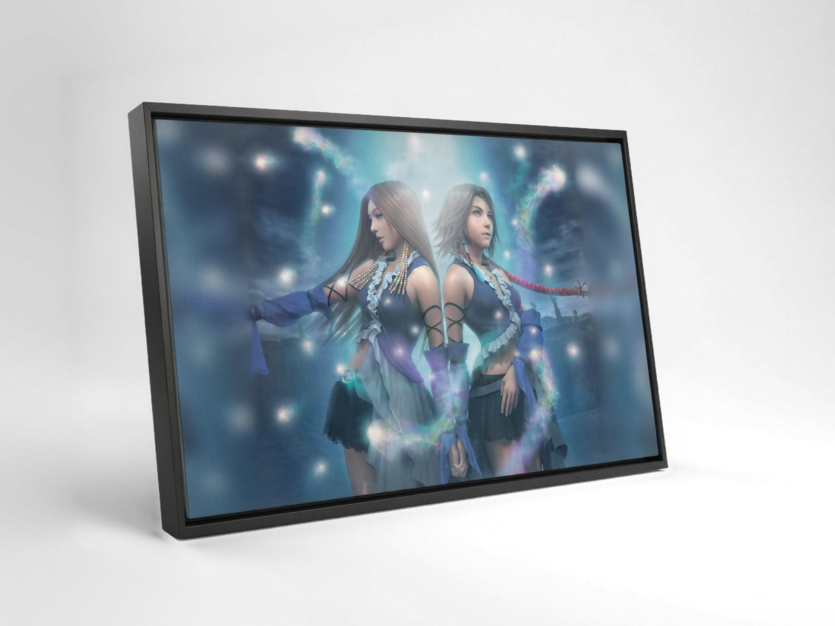 Final Fantasy X-2 Lenne and Yuna as a black floater framed canvas leaning against a wall (horizontal)