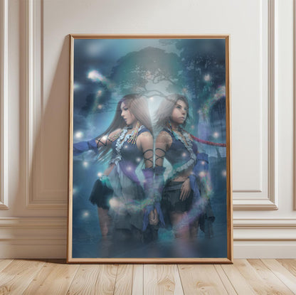 Final Fantasy X-2 Lenne and Yuna poster in a light oak frame leaning against a white wall (vertical)