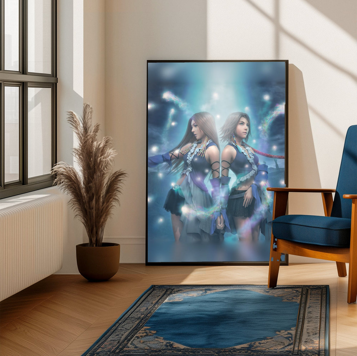 Final Fantasy X-2 Lenne and Yuna poster framed beside a blue armchair in a sunlit room (vertical)